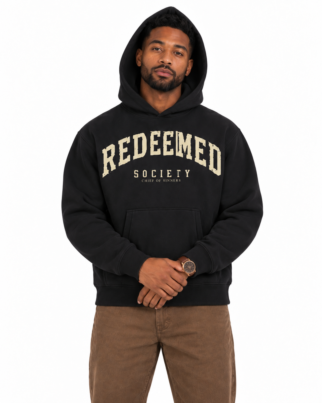 Chief Of Sinners Essential Oversized Boxy Fit Fleece Hoodie — Black hoodie, male close-up