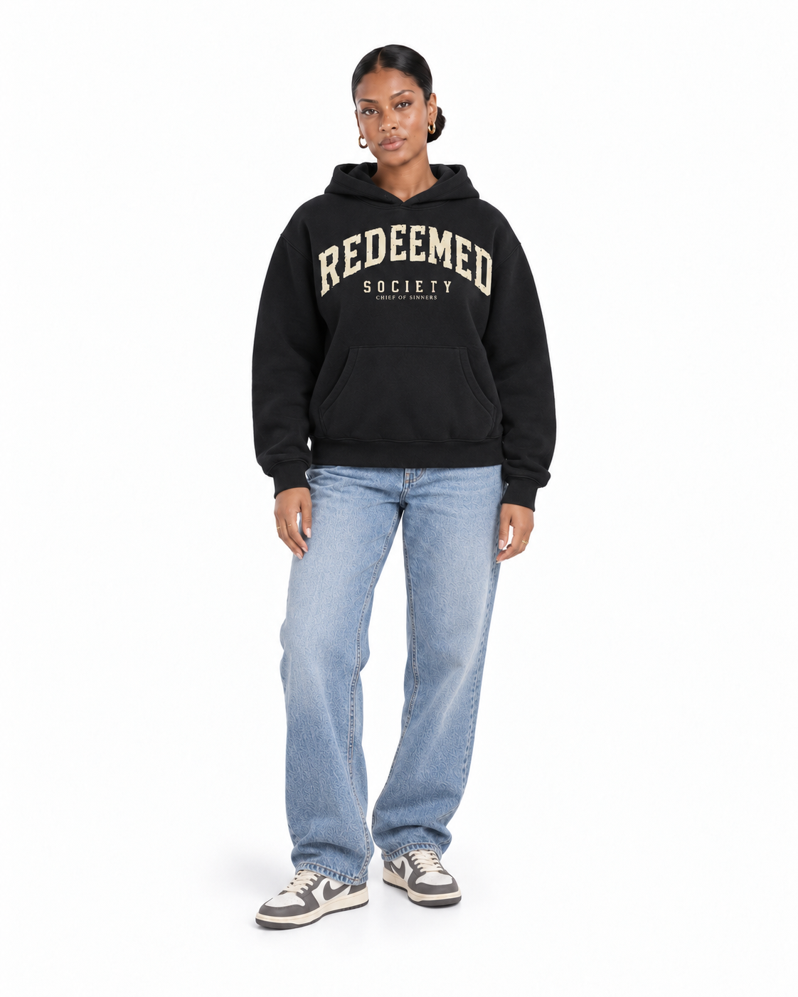 Chief Of Sinners Essential Oversized Boxy Fit Fleece Hoodie — Black hoodie, female front outfit