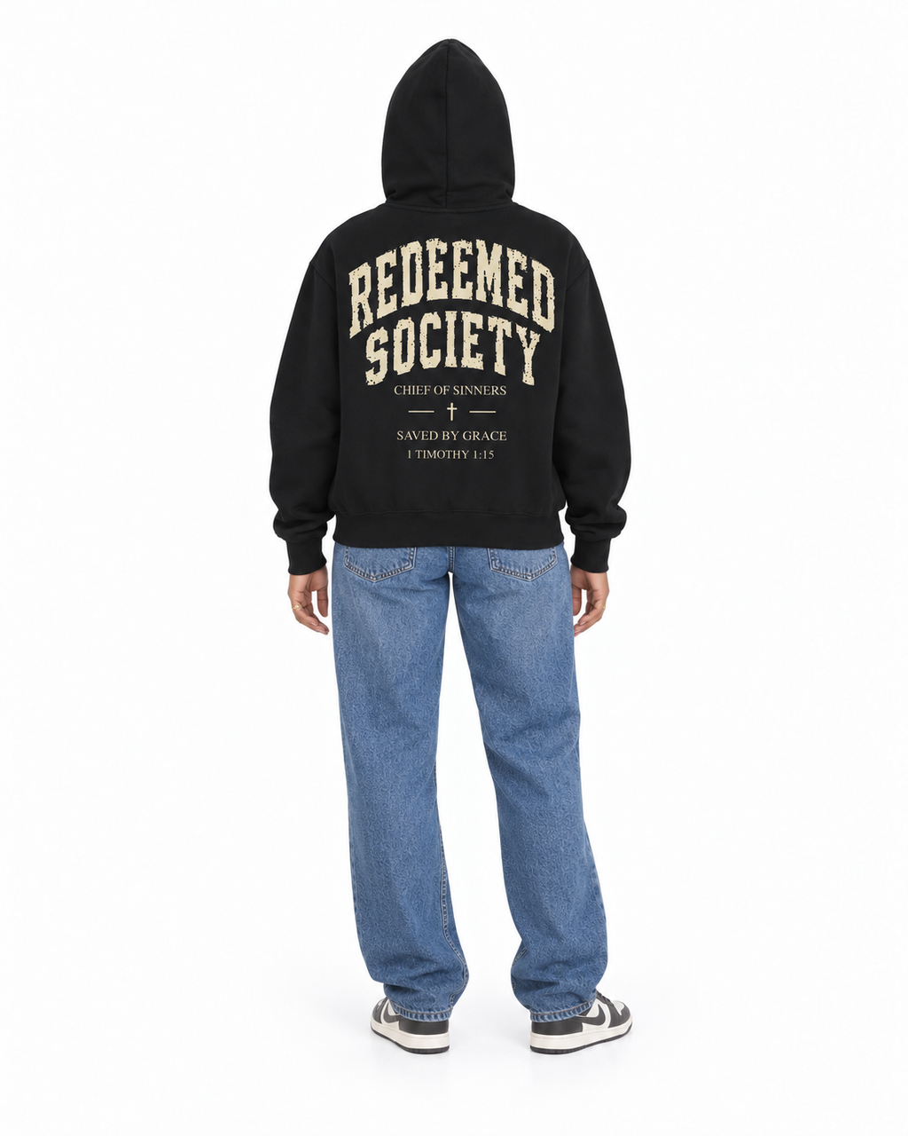 Chief Of Sinners Essential Oversized Boxy Fit Fleece Hoodie — Black hoodie, female back outfit