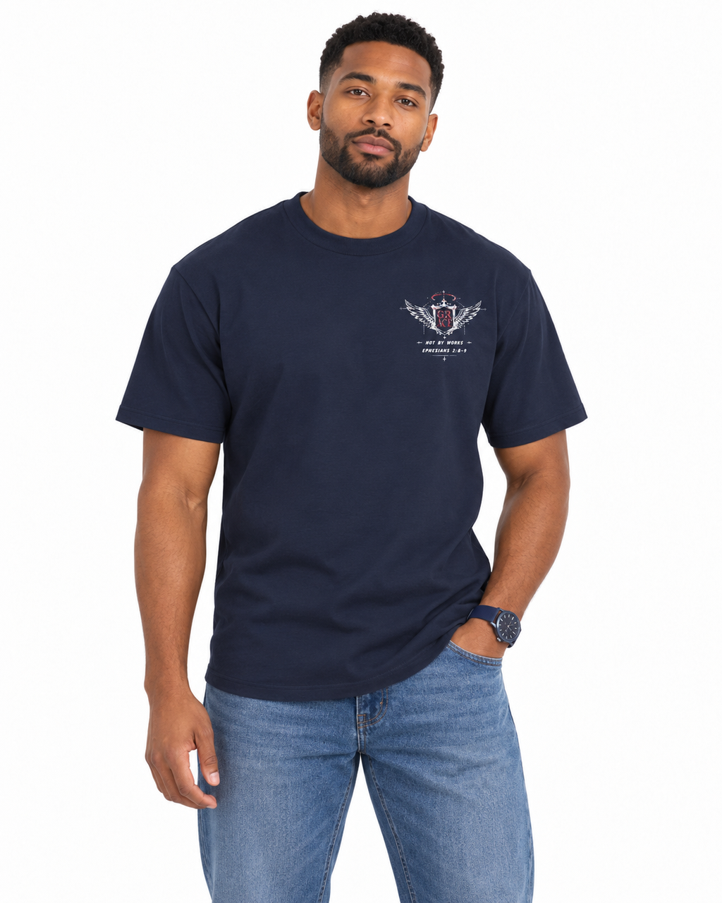 Chief Of Sinners Classic Streetwear T Shirt — navy tee, male close-up