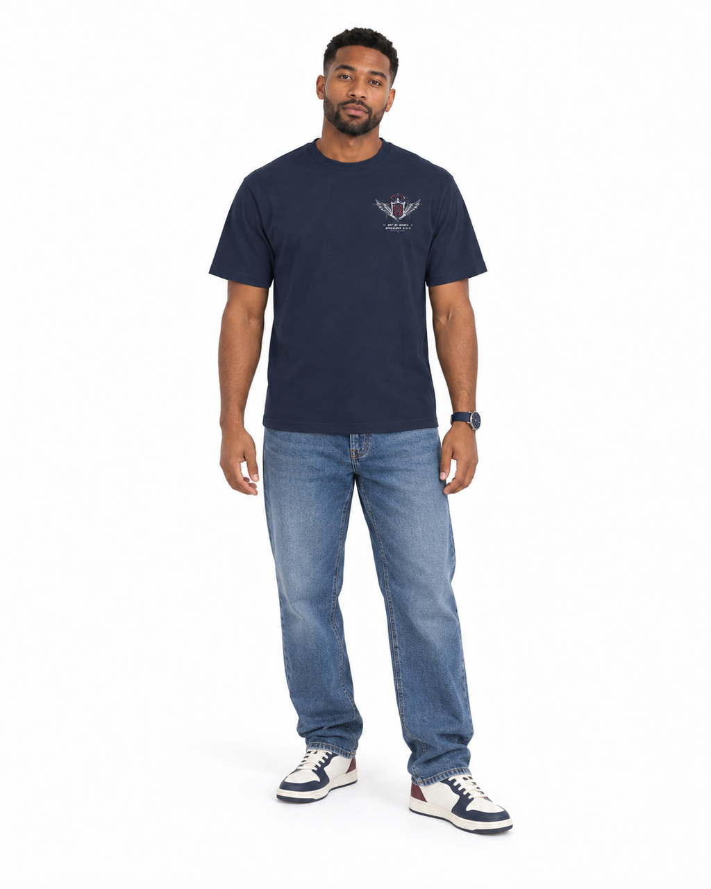 Chief Of Sinners Classic Streetwear T Shirt — navy tee, male front outfit