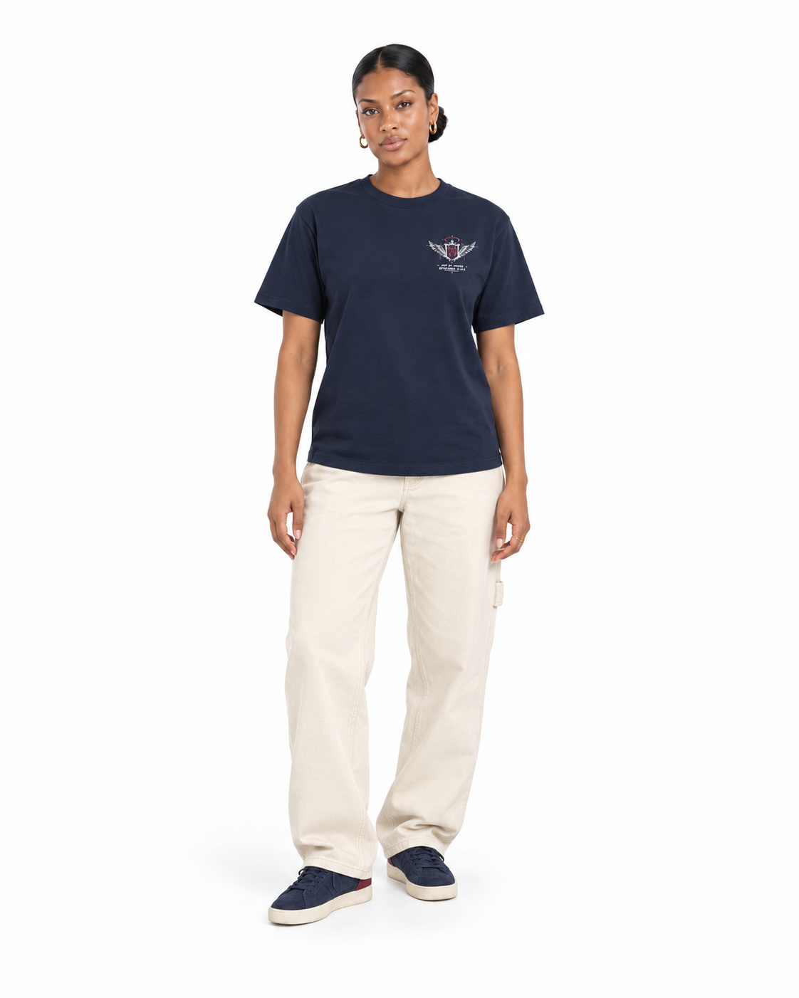 Chief Of Sinners Classic Streetwear T Shirt — navy tee, female front outfit