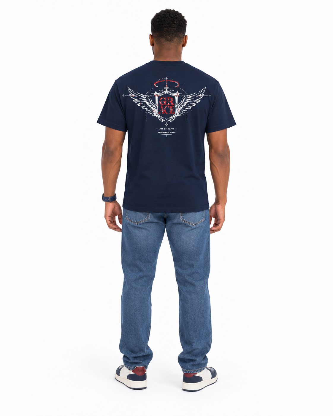 Chief Of Sinners Classic Streetwear T Shirt — navy tee, male back outfit
