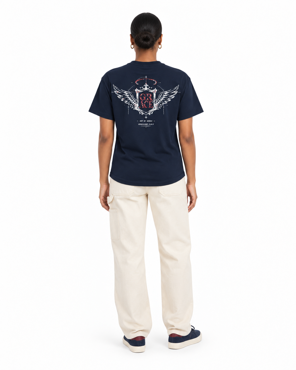 Chief Of Sinners Classic Streetwear T Shirt — navy tee, female back outfit